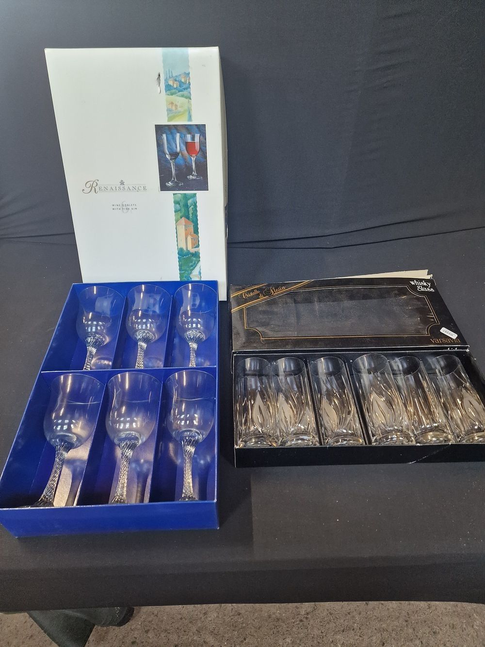 Lot 218: Set Of 6 Glass Wine Goblets and Set...