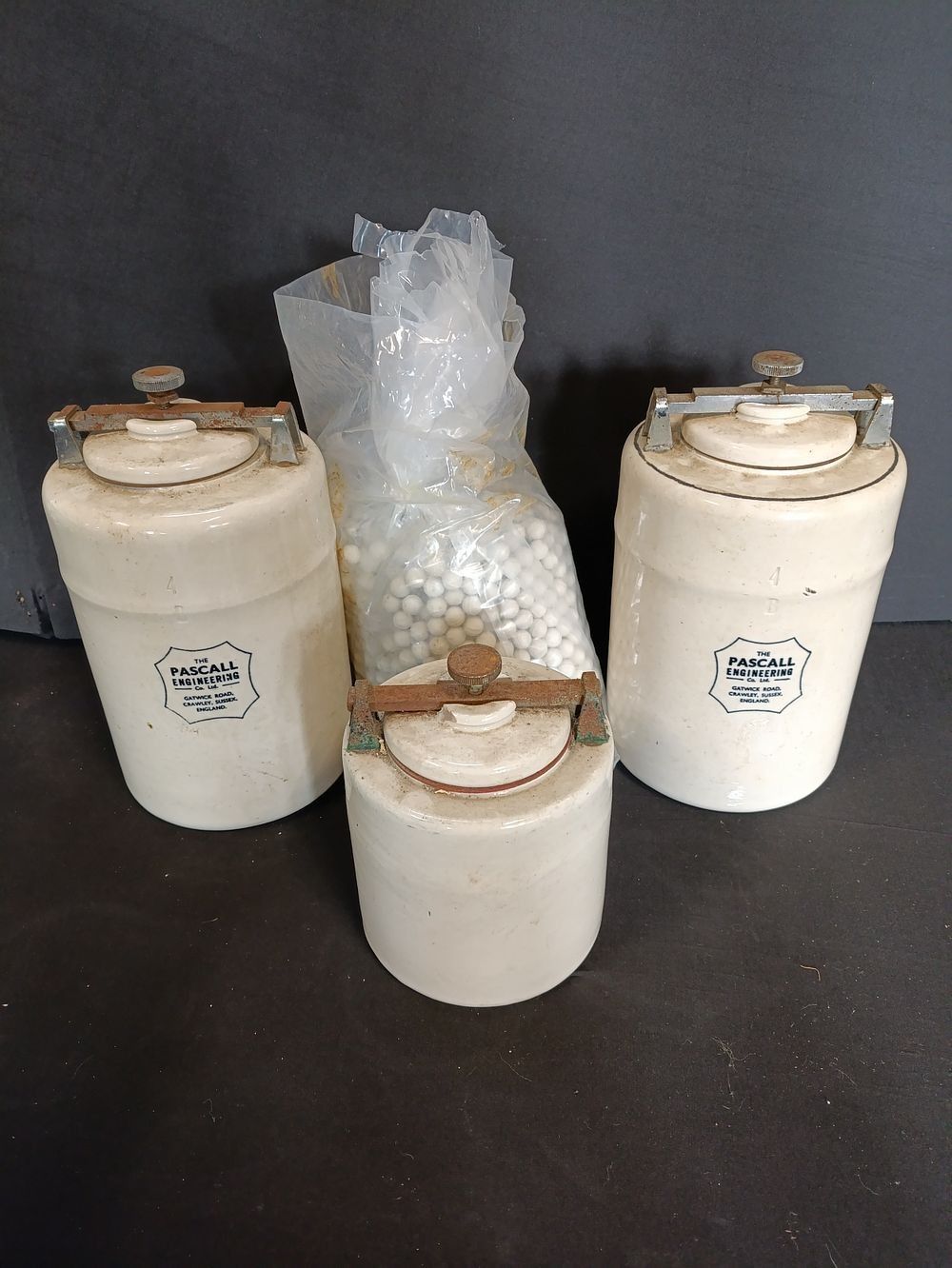 Lot 281: 3 Vintage ceramic ball Mill grinding jars by...