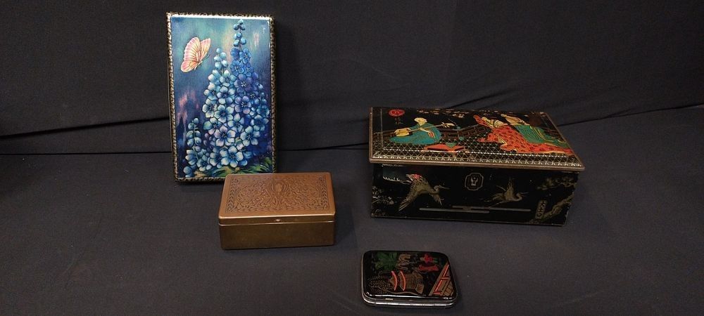 Lot 418: 4 vintage tins including biscuit, and cigarette.
