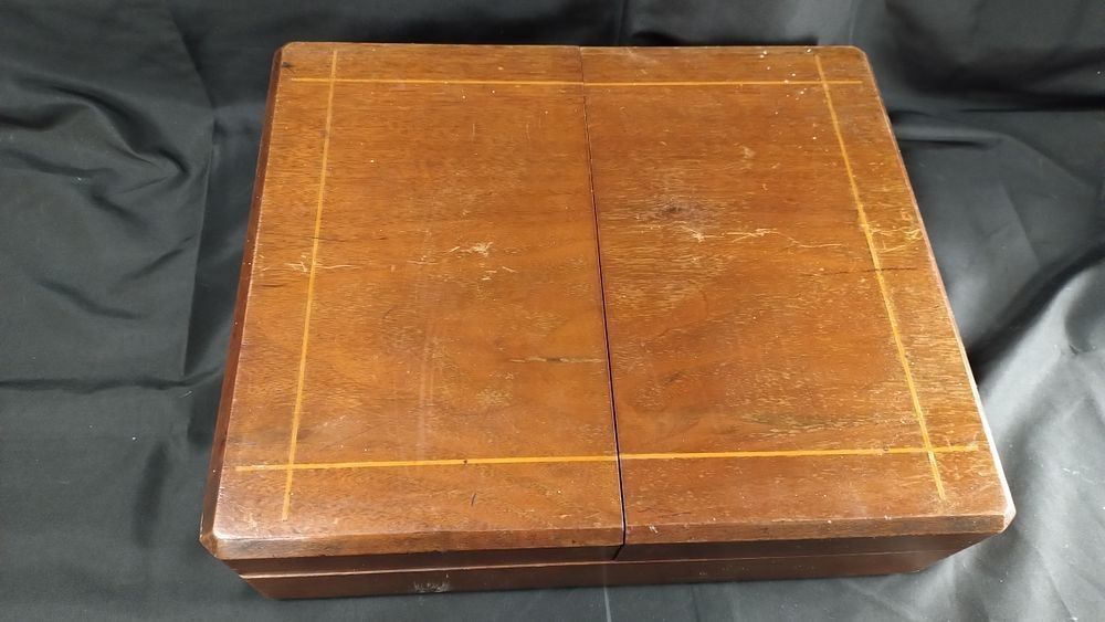 Lot 425: Wooden fold out cutlery storage box with velvet...