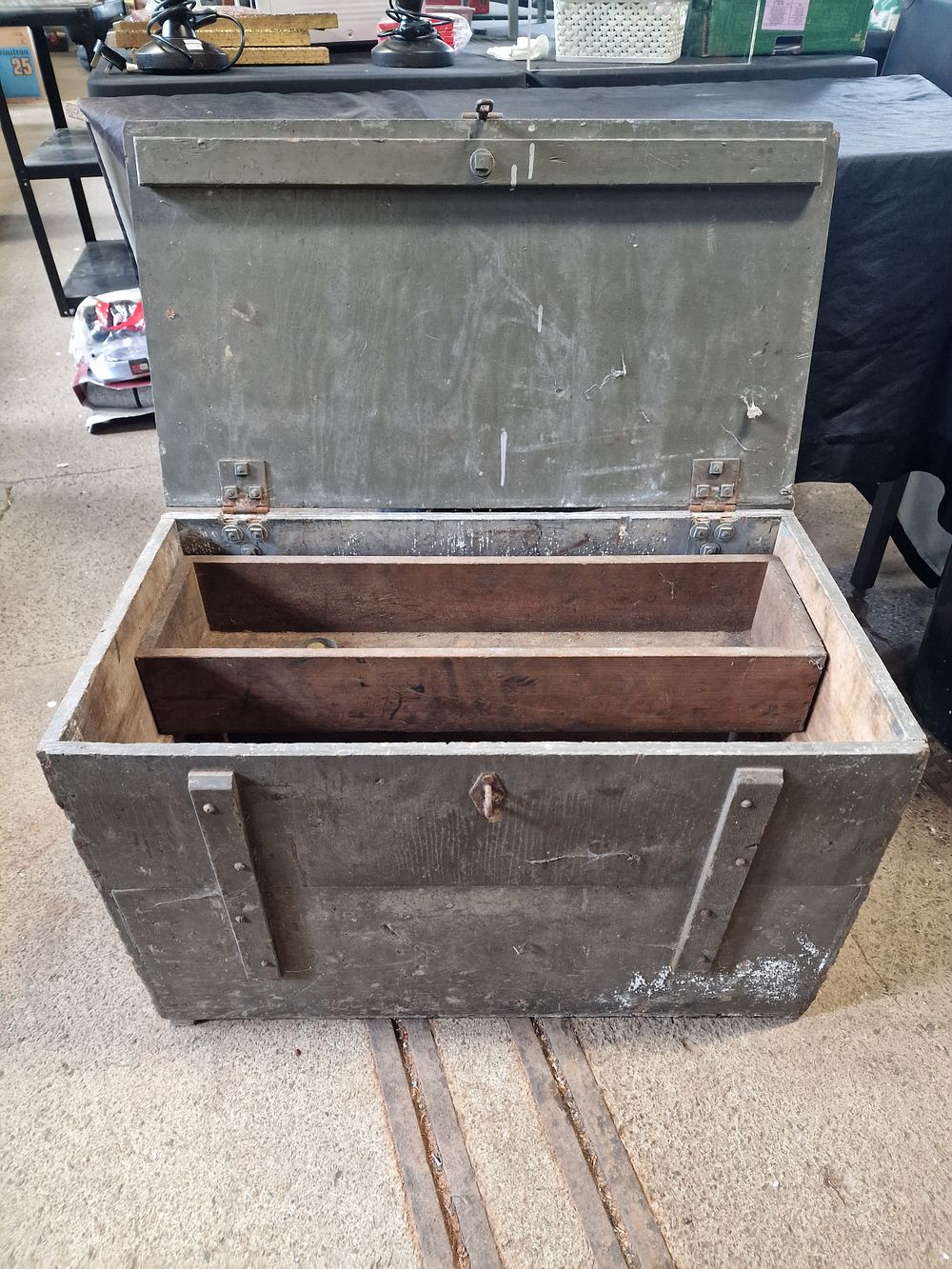 Lot 373: Vintage Wooden Tool Chest. Approx. 72w x 44h...