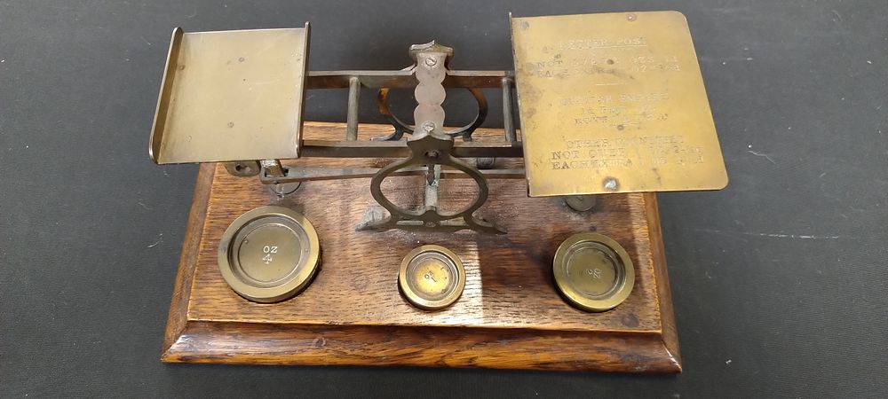 Lot 104: Vintage Postal scales with weights measures approx H...