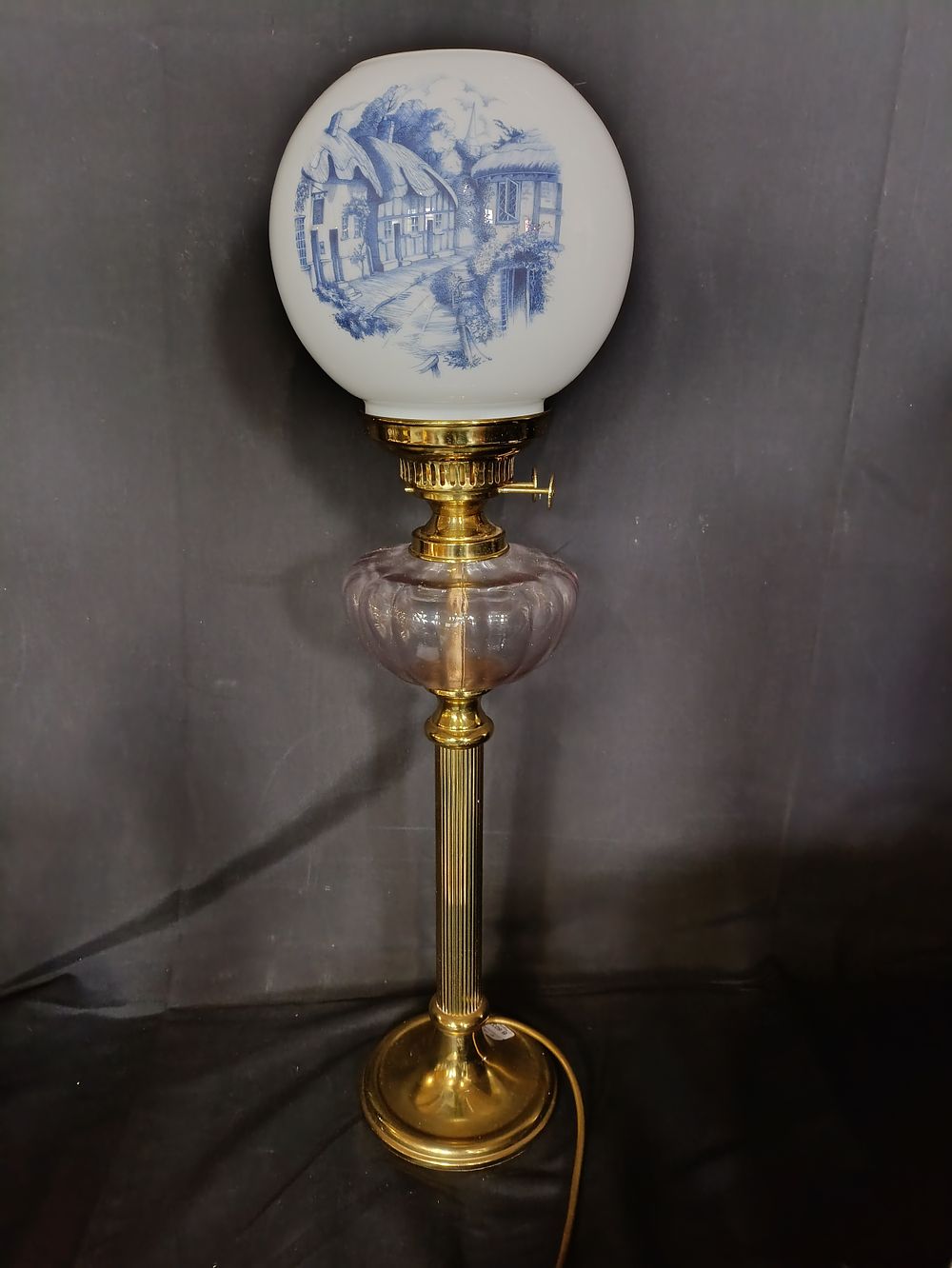 Lot 171: Vintage Converted Brass oil lamp with ornate glass...