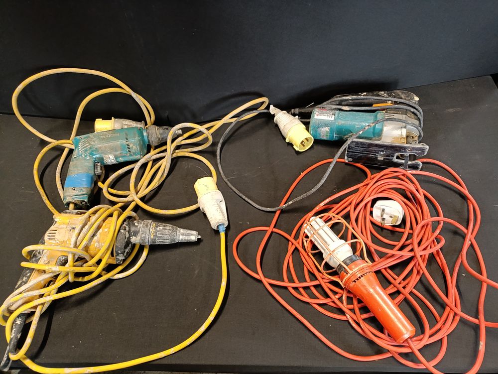 Lot 231: Selection of worksite power tools including DeWalt drill,...