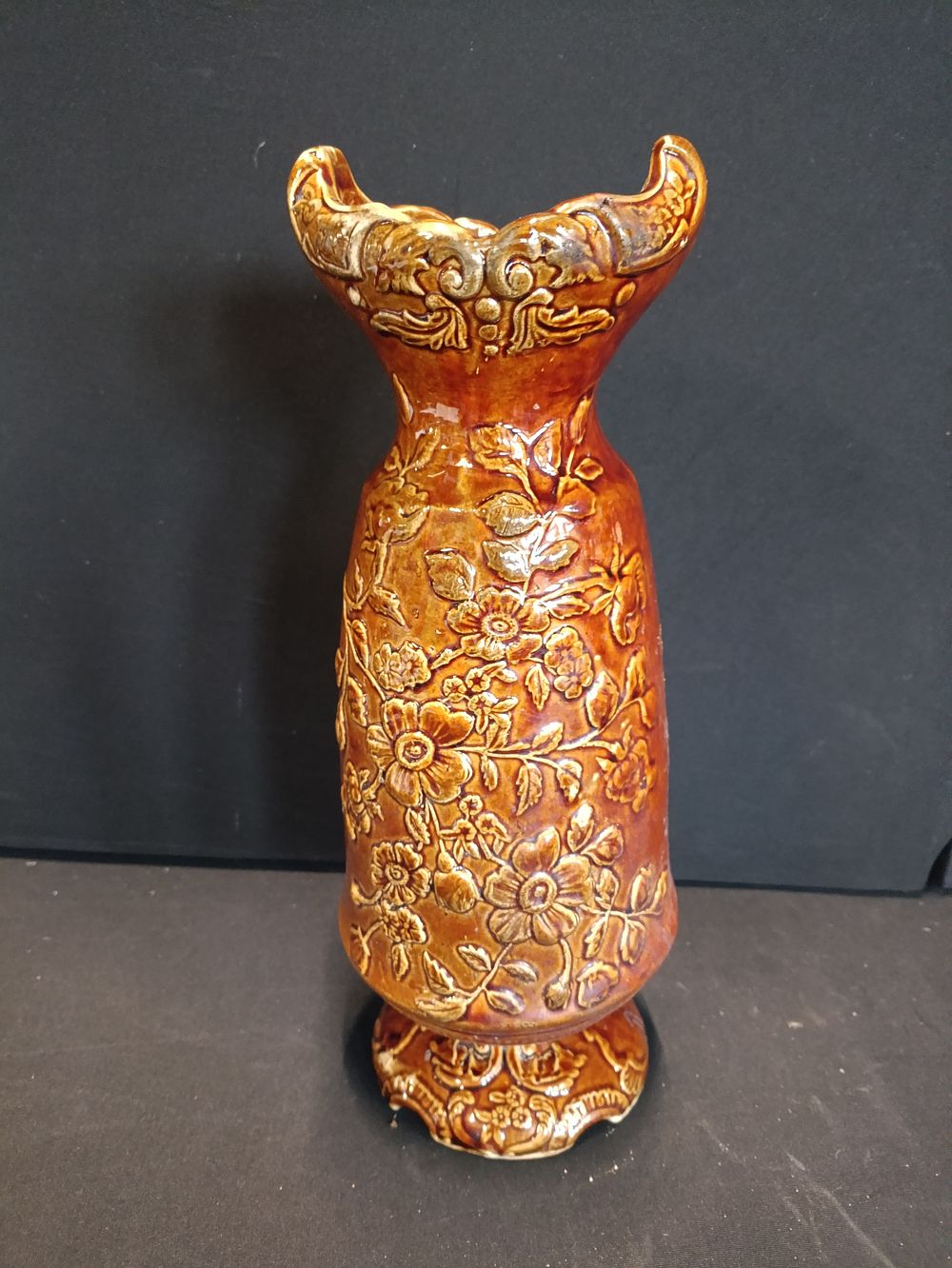 Lot 234: Early 20th Century Majolica Stoneware Brown Floral Vase...