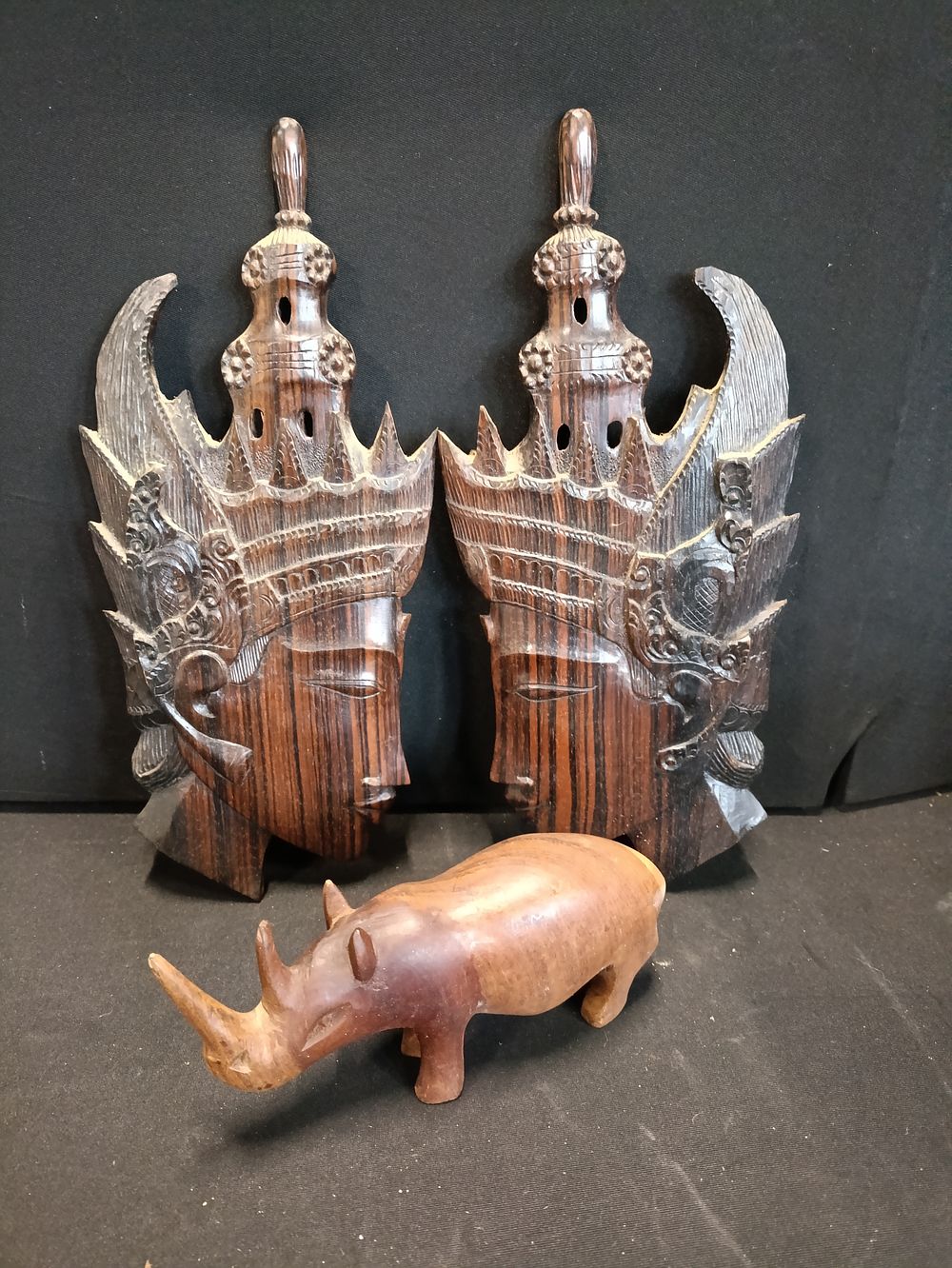 Lot 236: Selection of vintage wooden decorations including a pair...