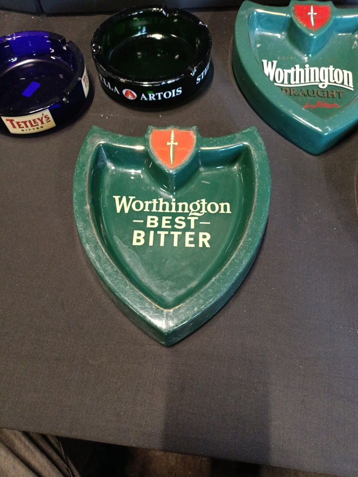 Lot 247: 3 green barware Worthington Bitter ashtrays along 2...
