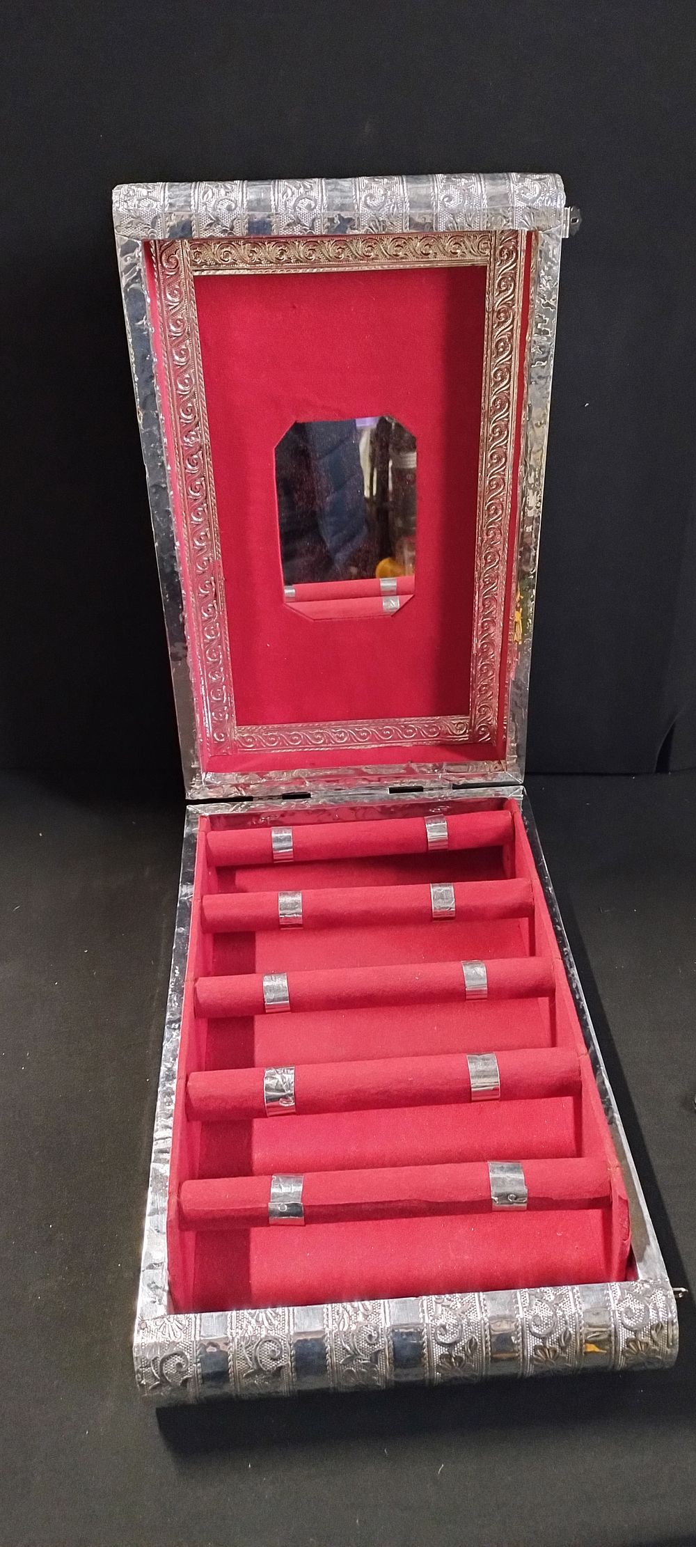 Lot 316: Metal with etching and Rose Red Velvet lining,...