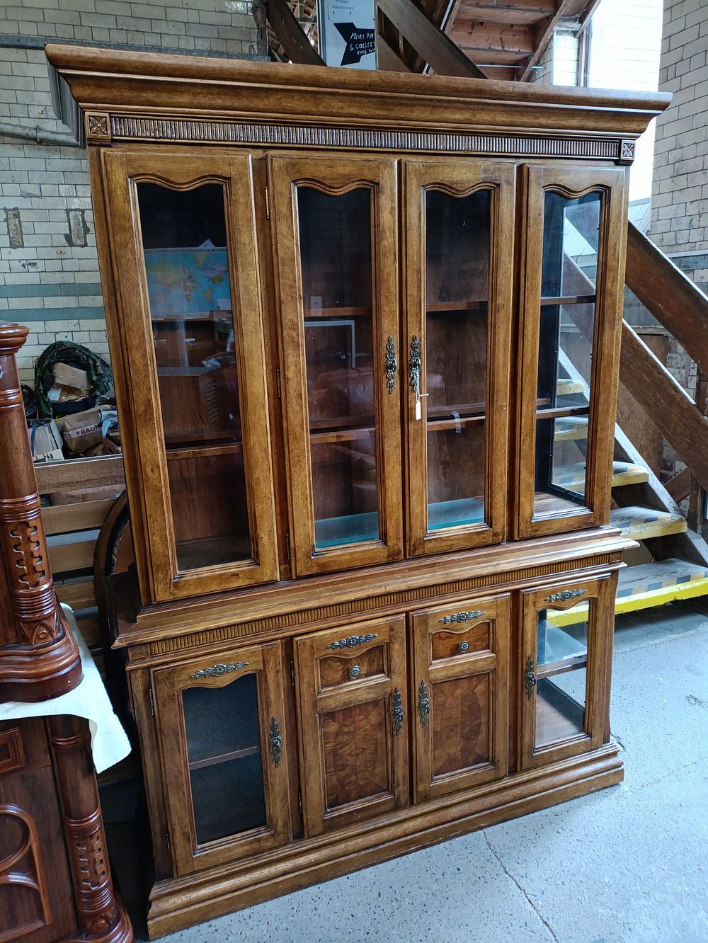 Lot 327: Large vintage oak 2 piece glass fronted display...