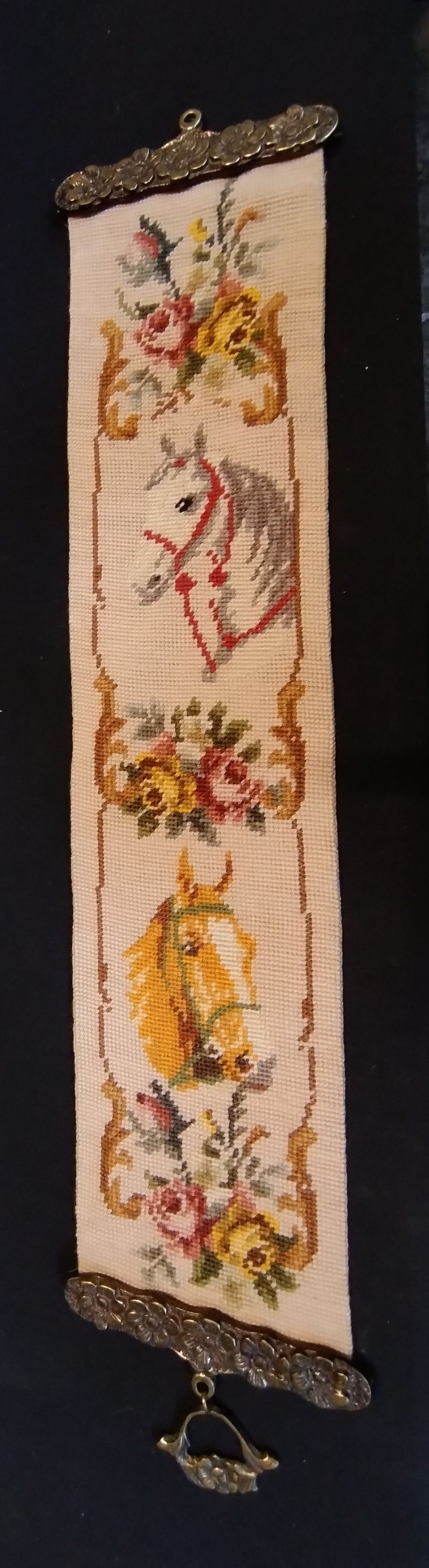 Lot 351: Vintage wall hanging embroidered bell pulls with brass...