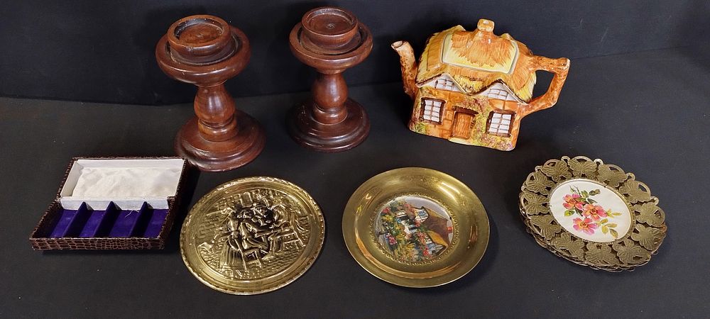 Lot 375: Mixed items including wooden candle holders, brass wall...