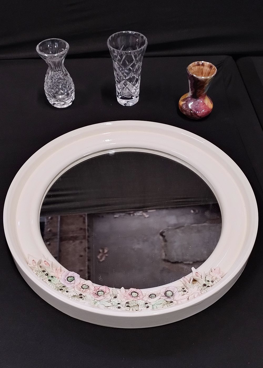 Lot 360: Porcelain surround mirror with floral design, 3 x