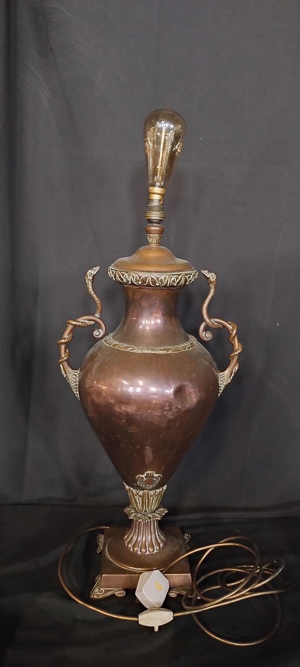 Lot 392: Converted copper and brass tea urn lamp measures...