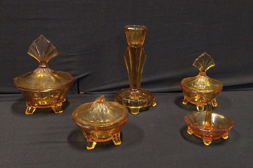 Lot 405: Vintage 1950's amber glass dressing table set comprising...