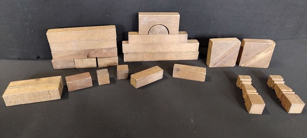 Lot 227: Antique wooden building block set in wooden box
