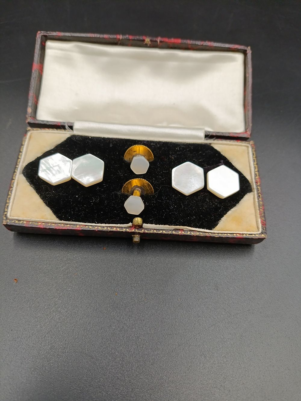 Lot 32: Vintage Gold Tone and Hexagonal Mother of Pearl...