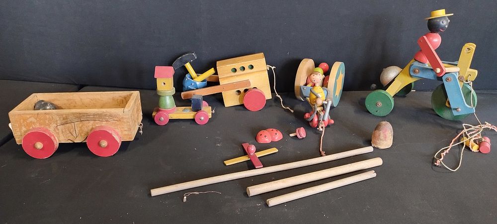 Lot 289: Vintage wooden children's toys train, bicycle and other...