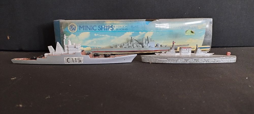 Lot 442: 3 vintage battleships, HMS Vanguard, tootsie toy battle...