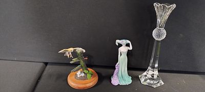 Nachtmann crystal Thistle candlestick, Coalport small figurine of a lady, and a merlin fine 