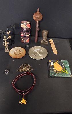 Various wood, brass, glass and metal items from different countries including metal figures 