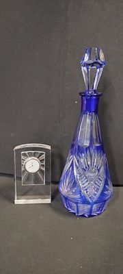 Darlington crystal mantle clock and a cobalt blue cut to clear decanter with stopper
