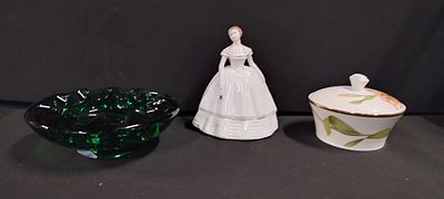 Green glass ashtray/bowl, Coalport figurine measures approx H 13 x W 11 x D 9. and a Wedgewood 