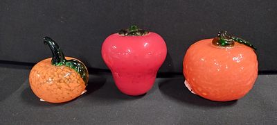 3 X Murano style glass fruits, orange, strawberry and a small pumpkin