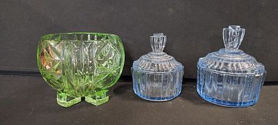 Vintage green glass bon bon dish, 2 X blue art deco trinket dishes
