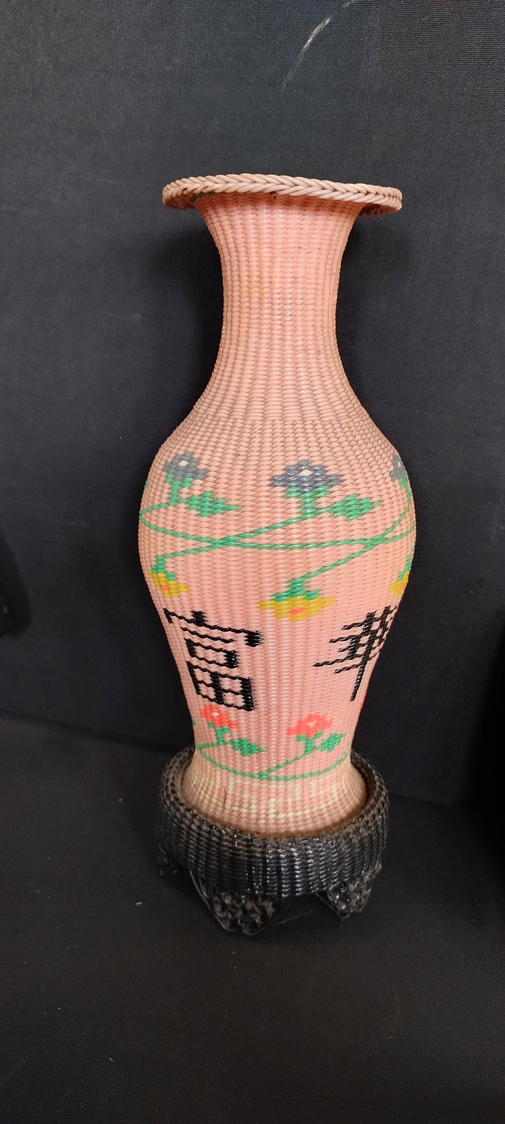 Lot 163: A mid-century Scubidou woven vase on base with...