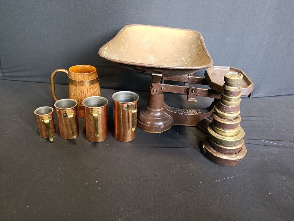Lot 179: Set of vintage weighing scales, wood and copper...