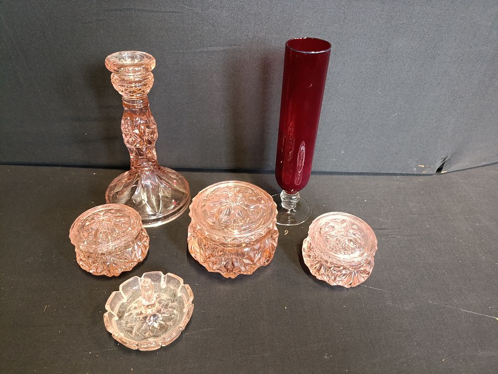Lot 180: Selection of vintage pink vanity glassware and a...