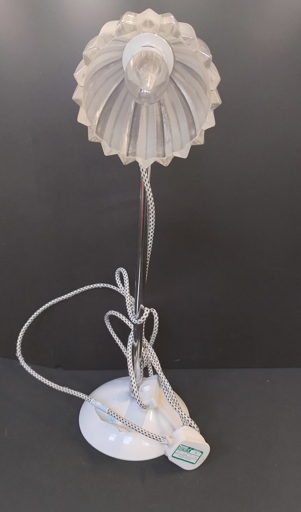 Lot 184: White and chrome lamp with glass shade, has...