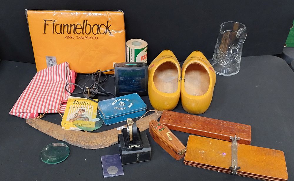 Lot 190: Various items including wooden clogs, motorist's first aid...
