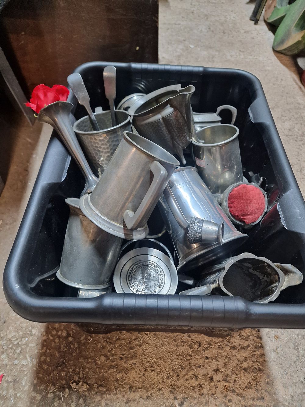 Lot 213: Mixed Box of Pewter Items. Mostly Tankards.