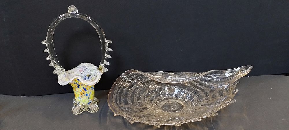 Lot 243: Murano style basket yellow,blue, orange green speck pattern...