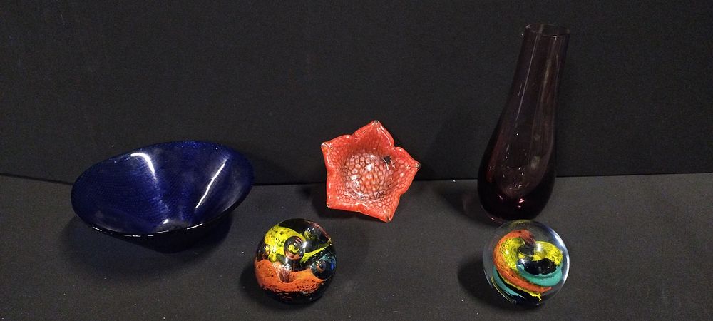 Lot 363: Collection of glass objects including paperweights, purple vase,...