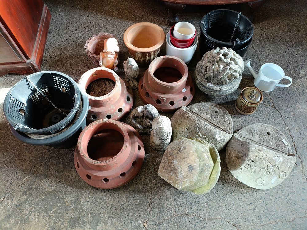 Lot 412: Selection of garden ornaments and chimney cowls