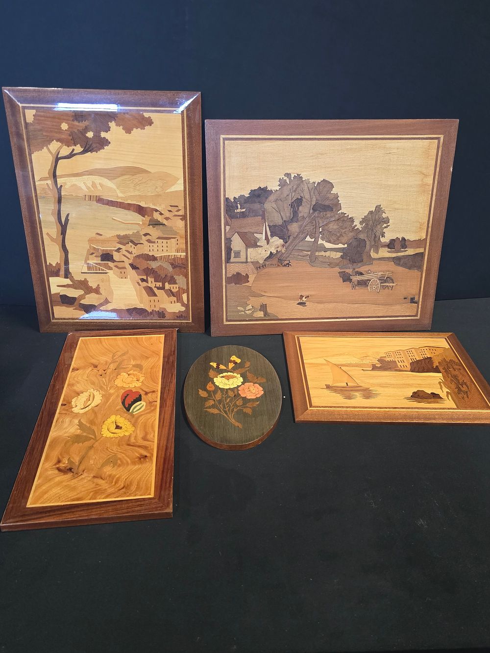 Lot 430: Six pieces of Marquetry showing various scenes