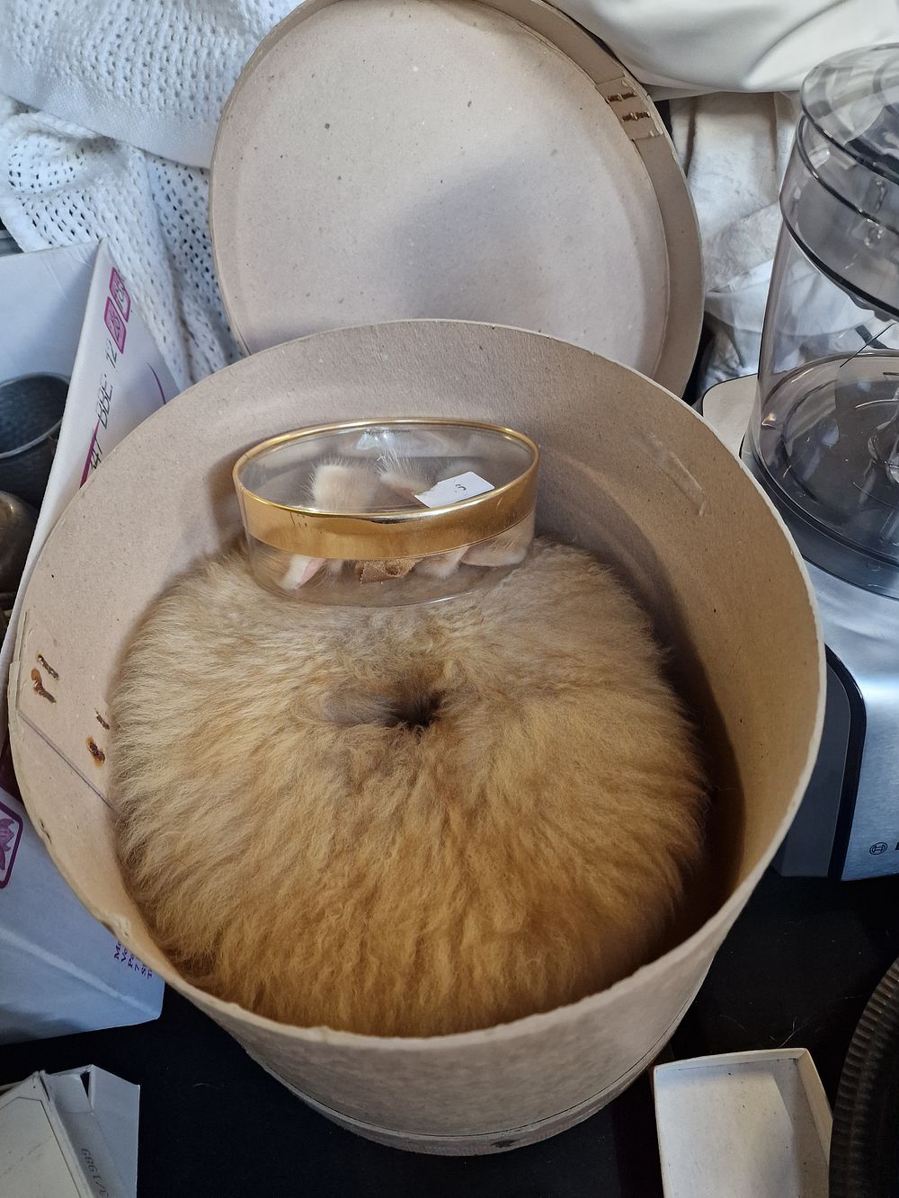 Lot 224: A vintage  faux fur winter hat by Marida Lomdon with hard cased cardboard hat box