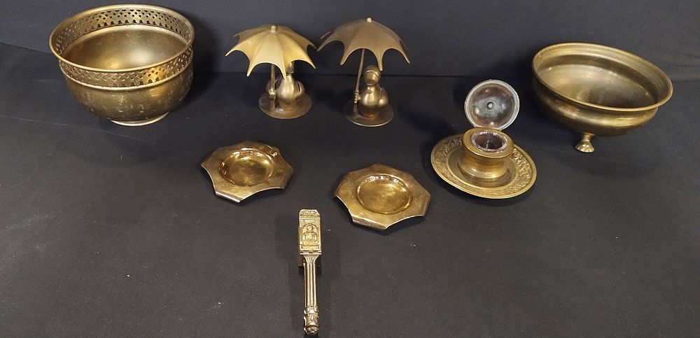 Lot 58: Selection of brass including planters, vintage inkwell with...