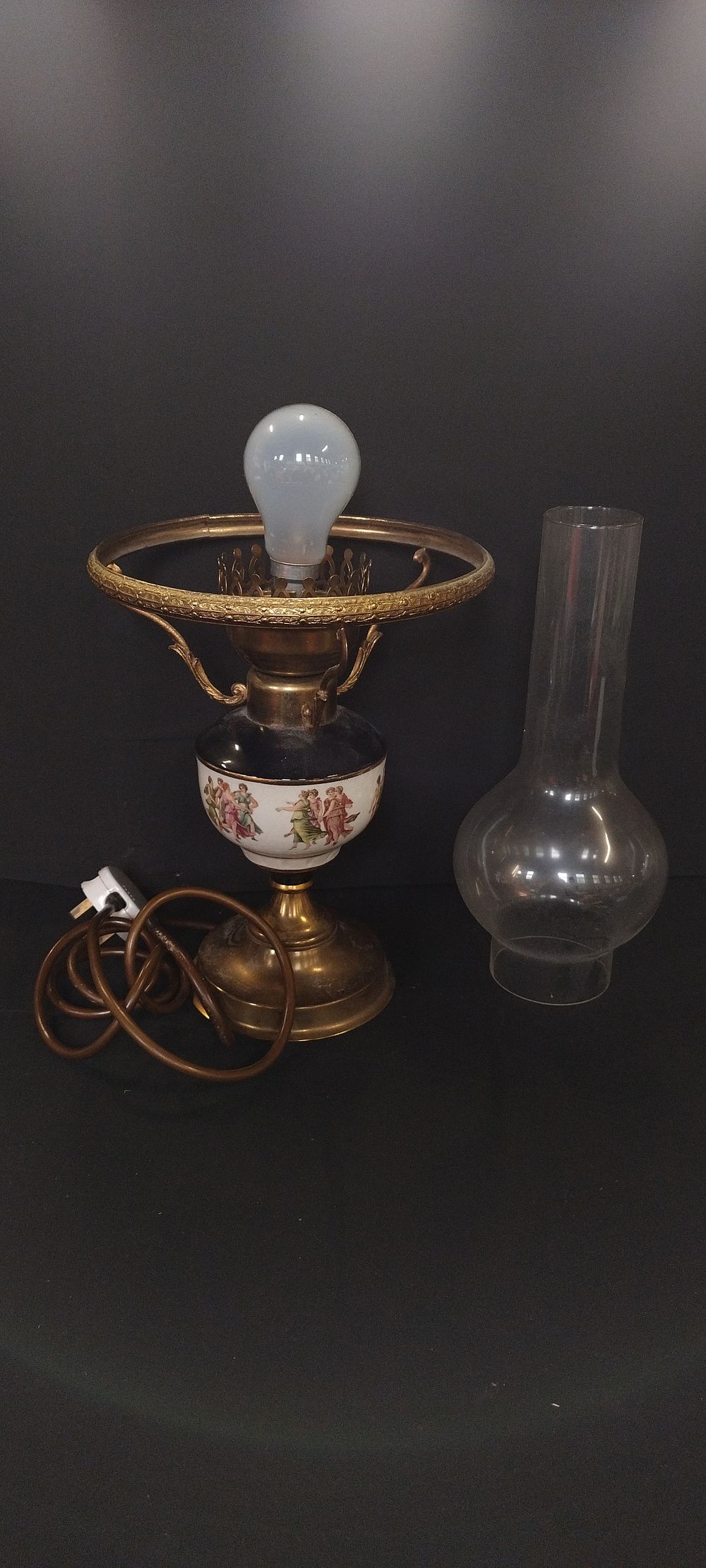 Lot 62: Converted oil lamp to electric with chimney. With...