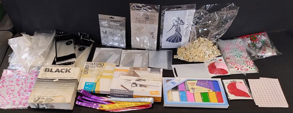 Lot 68: Selection of craft items including cellophane, ribbon, clay,...