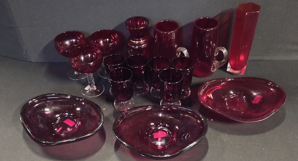 Lot 74: Collection of Cranberry glass, dishes, stiens, vase and...