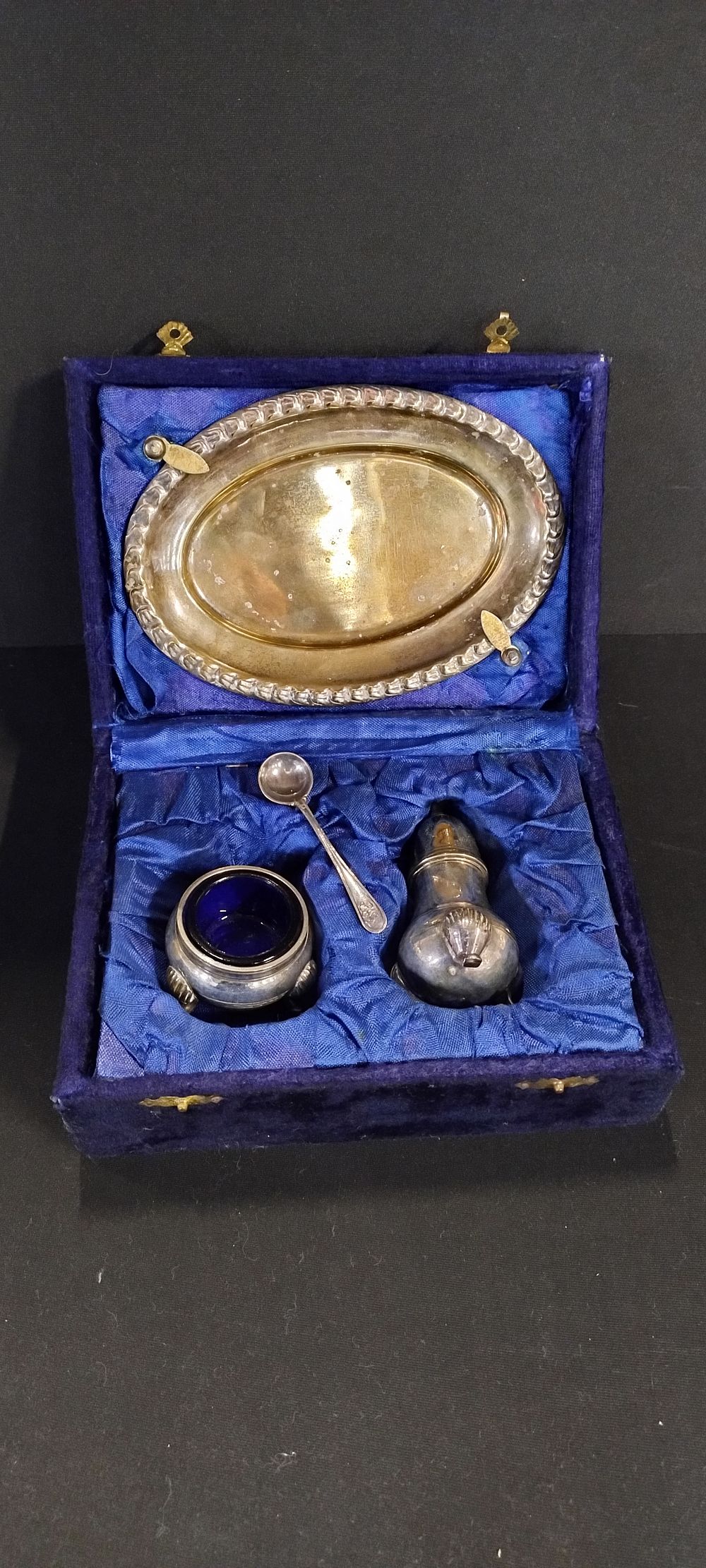 Lot 82: Silver plated cruet set, mustard pot with liner,...