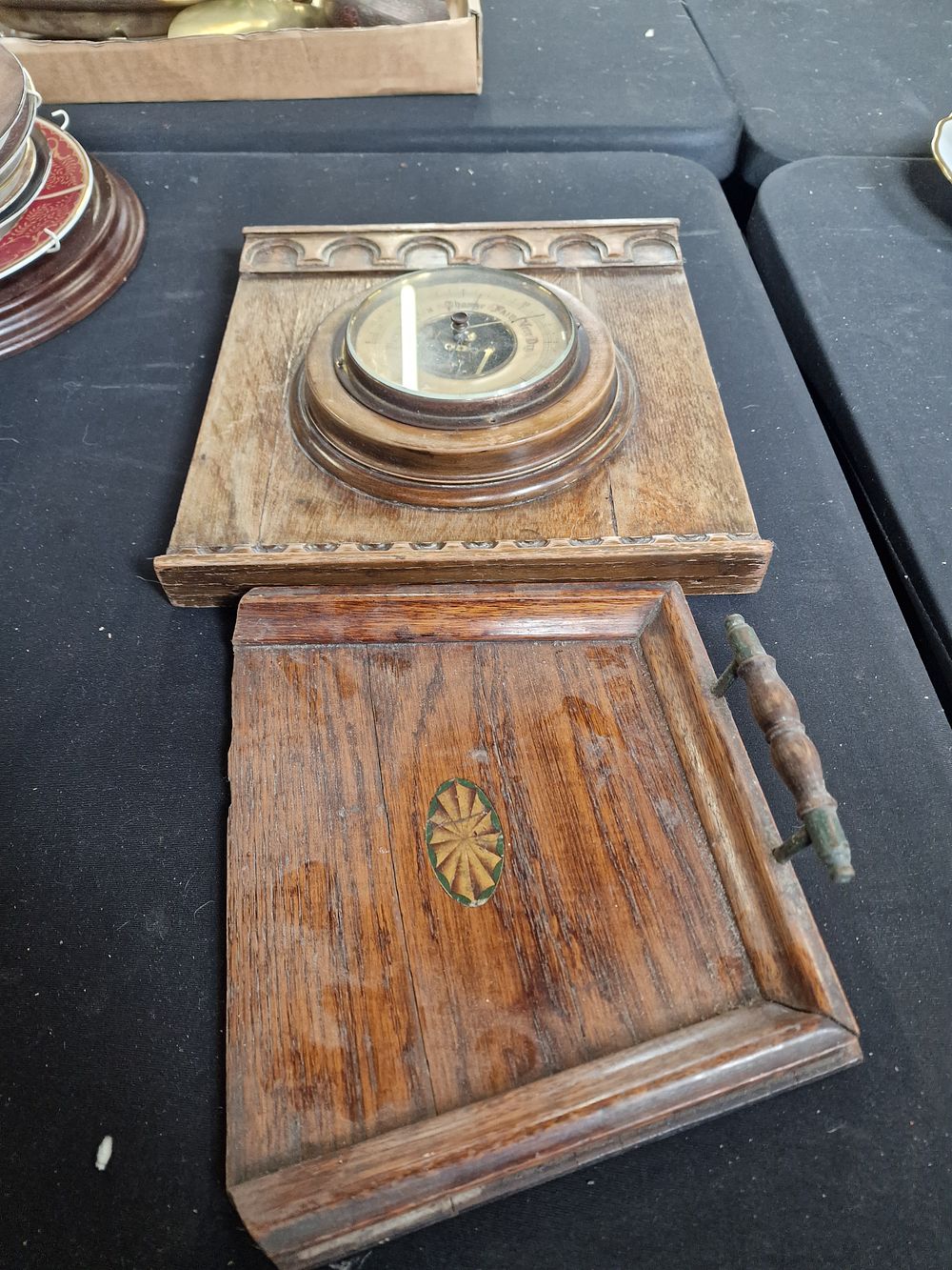 Lot 326: Vintage wooden barometer and coal shovel
