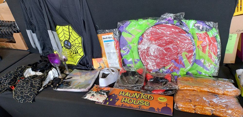 Lot 224: Collection of Halloween decorations,costumes, witches hats, orange gems,...