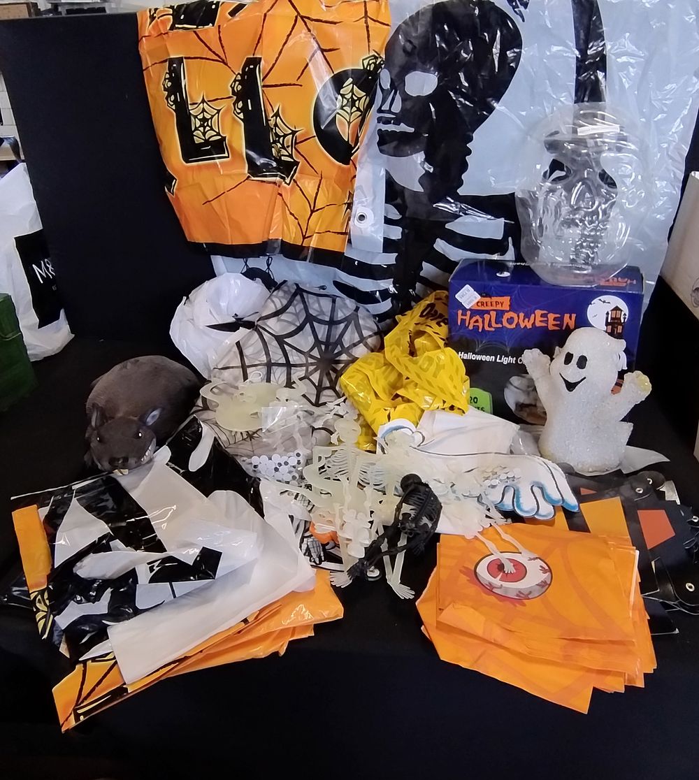 Lot 226: Box of Halloween party decorations table cloths, skeletons,...