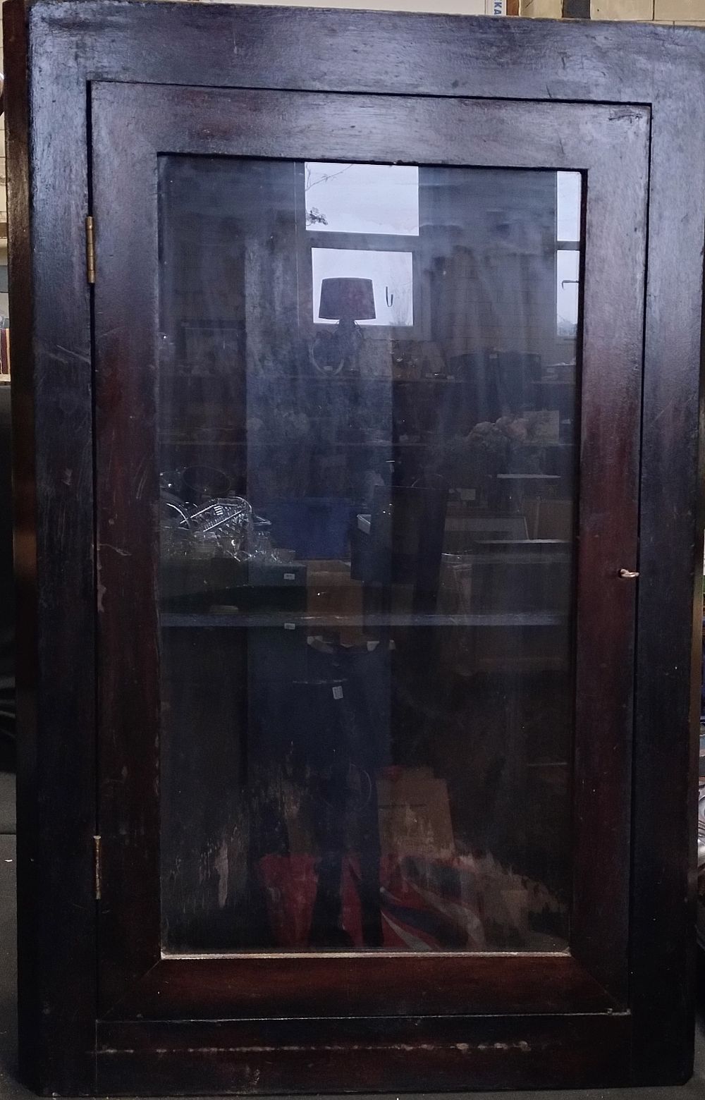 Lot 305: Glass fronted dark wood corner display cabinet with...