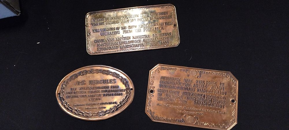 Lot 339: 3 brass and copper seafaring ships plaques. H.M.S...