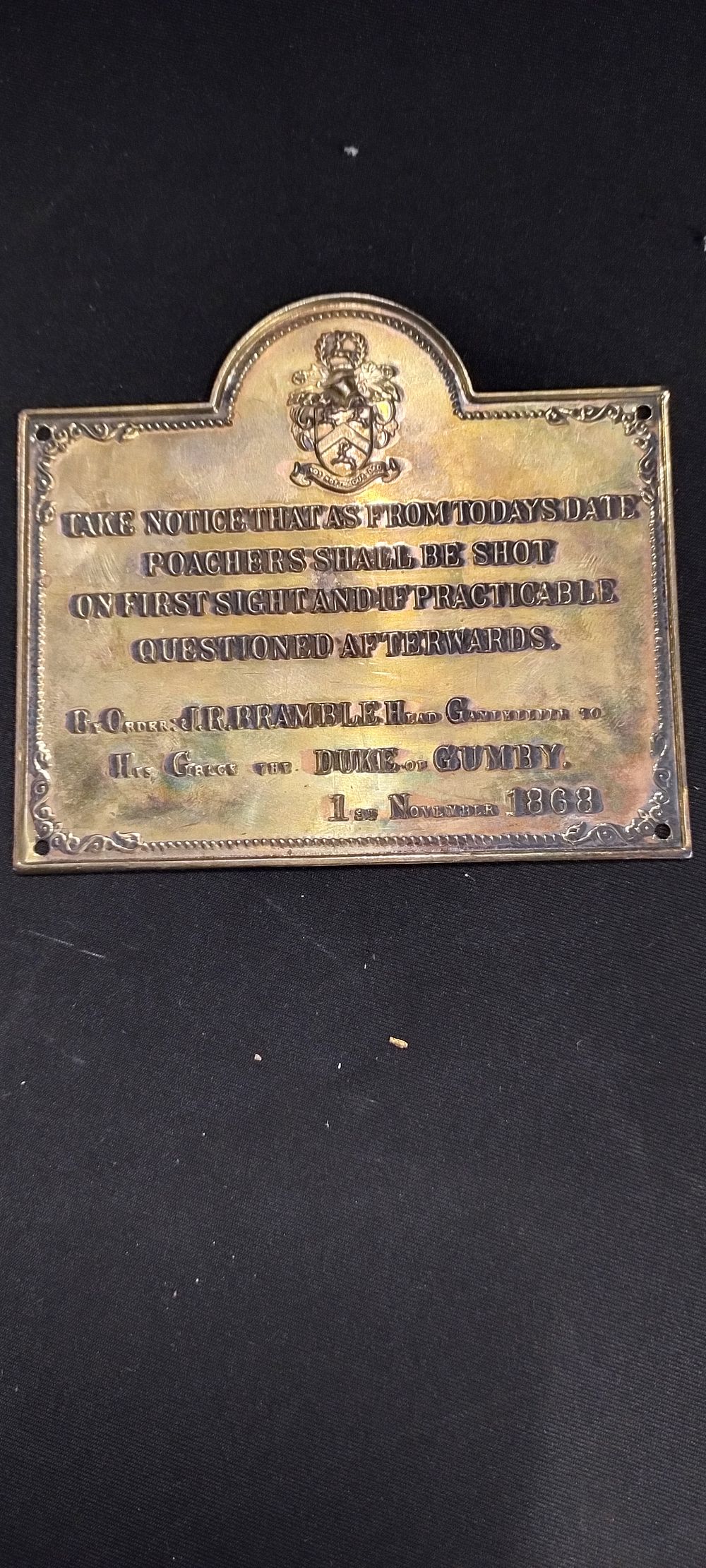 Lot 340: Brass warning plaque. J.R. Bramble and Duke Gumby...